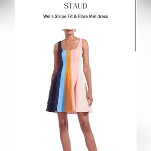 STAUD COLOR BLOCK FIT N FLARE DRESS